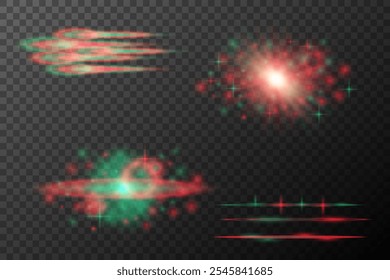 Explosión de luz festiva roja y verde con partículas brillantes. conjunto de Elementos