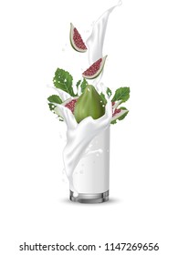 Red and Green Fig Falling In Milk Glass. Realistic 3d Figs. Detailed 3d Illustration Isolated On White. Design Element For Web Or Print Packaging. Vector Illustration. 