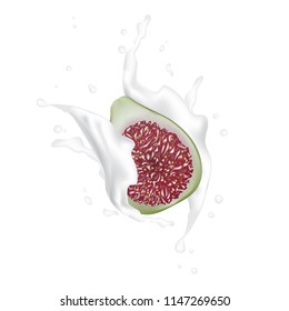 Red and Green Fig. Realistic 3d Figs With Milk Splash. Detailed 3d Illustration Isolated On White. Design Element For Web Or Print Packaging. Vector Illustration. 