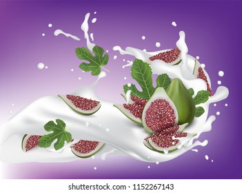 Red and Green Fig. Realistic 3d Figs Slices With Leaves Splashing Milk. Detailed 3d Illustration Isolated On Purple with Yogurt Splash. Design Element For Web Or Print Packaging. Vector EPS10. 