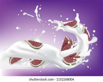 Red and Green Fig. Realistic 3d Figs With Splashing Milk. Detailed 3d Illustration Isolated On Purple with Yogurt Splash. Design Element For Web Or Print Packaging. Vector EPS10. 