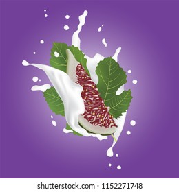 Red and Green Fig. Realistic 3d Figs With Leaves Splashing Milk. Detailed 3d Illustration Isolated On Purple with Yogurt Splash. Design Element For Web Or Print Packaging. Vector EPS10. 
