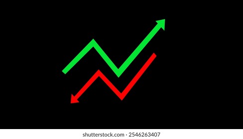 Flechas financieras rojas, verdes en fondo negro. Mercado bursátil al alza, a la baja, tendencia alcista, tendencia bajista . Vector  