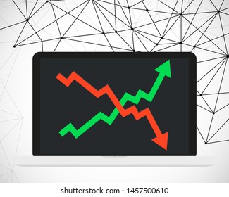 Red and green financial up and down moving arrows on a laptop. Vector illustration