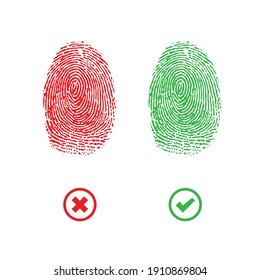 Red and green finger print isolated on white background. Acceptand decline finger identification symbols