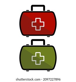 Kit de primeros auxilios rojo y verde sobre fondo blanco. Ilustración plana vectorial.