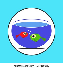 Red and green fish in the round aquarium. Aquarium fish. Vector illustration of a funny cartoon aquarium fish.