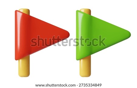 Red and green flags on pole icons in minimal 3d style. Vector illustration.