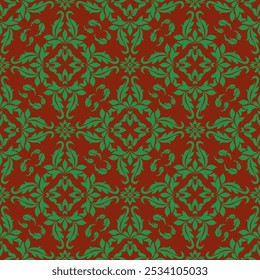 A red and green floral damask patterned fabric. The red background is a deep burgundy color, and the green leaves are intricately woven into the design. Scene is one of elegance and sophistication