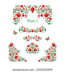 Red green floral folk vintage pattern collection with decorative pomegranate. Part 1 of huge set for ethnic Turkish, Persian, Indian embroidery