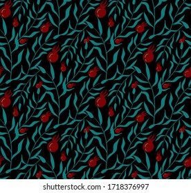 red and green floral seamless pattern on black background. Wallpaper, fabric. Vector