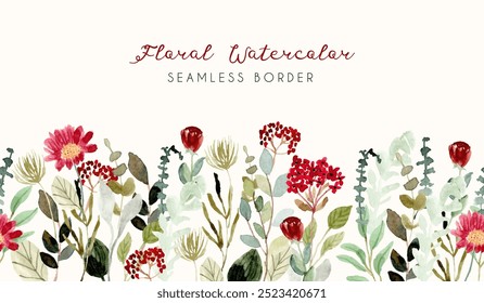 red green flower garden watercolor seamless border