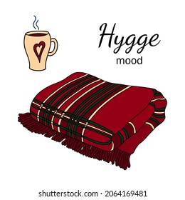 Red green folded Checkered Blanket,Tartan Plaid with fringe and Tea Cup. Cozy home, Autumn, Winter season set. Hand drawn Hygge style, Christmas vector cartoon design elements isolated