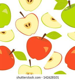 Red and green fresh apples on white seamless pattern, vector