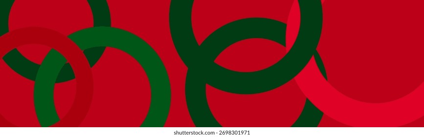Fundo abstrato geométrico vermelho e verde com camada de sobreposição. Formas de círculo gradiente colorido moderno com sombra. Design geométrico elegante. Feliz Natal conceito. Ilustração vetorial