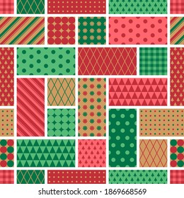 Red and green geometric elements seamless pattern background for christmas holidays.
