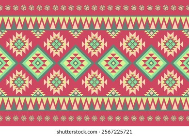 Red and green geometric ethnic traditional, seamless, Aztec, Tribal, Native American, Indian Pattern design for wrapping, carpet, decorative illustration.