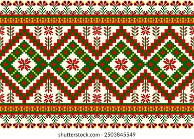 Red and Green geometric flowers tracery.Ethnic, exotic embroidery pattern design for background, fabric, knitware, textile, tile, wrapping,carpet