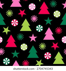 Rote und grüne geometrische Kiefer Baum, Süßigkeiten und Stern nahtloses Muster Design für Weihnachten und Neujahr Hintergrund.