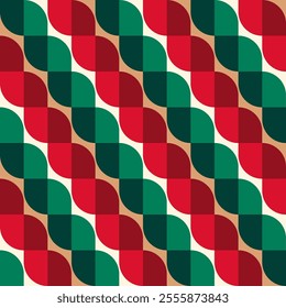 Red and green geometric wave seamless pattern design for Christmas holidays background.