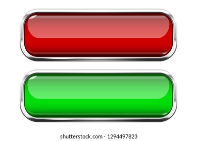 Red and green glass buttons. Web 3d shiny rectangle icons with chrome frame. Vector illustration isolated on white background