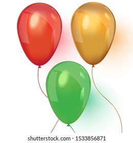 Red, green and gold realistic balloons on white background. Vector