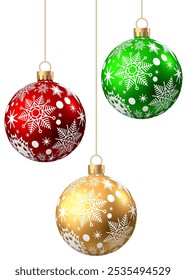 Bolas de Natal vermelhas, verdes, douradas com padrão isolado no fundo branco. Decoração de árvore de Natal com ornamento. Conjunto de bolhas vetoriais.