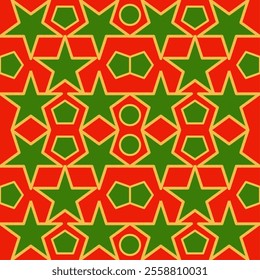 Red, green, and golden colorful geometric shapes seamless pattern for fabric, textile, and gift wrapping paper. Christmas, new year and festive theme. 