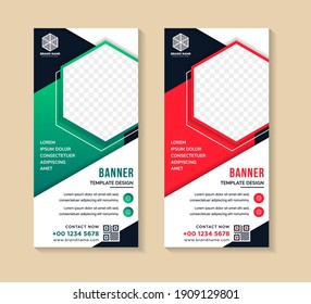 red and green gradient hexagon roll up business banner design vertical template vector, paper cut style presentation use abstract geometric background, modern publication display layout in rectangle
