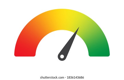 Red to green gradient scale with arrow. The measuring device icon.  The sign of tachometer, speedometer, indicator, score. 