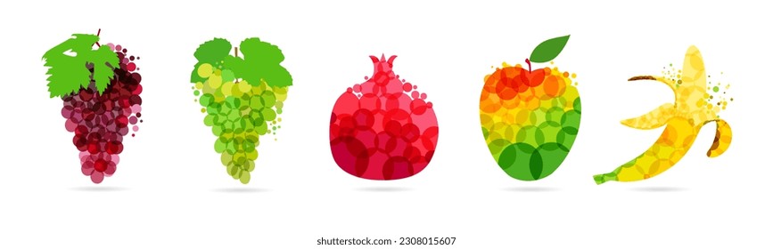 Red and green grapes, pomegranate, mango and banana set of abstract colorful fruits design. Creative concept icons of mango, pear, lemon, orange for label of fresh juice or lemonade. Vector object