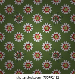 Red, green and gray colors vector seamless pattern with many flowers.