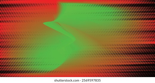 Red and green halftone pattern. Retro comic gradient background. Black pixel dot texture overlay. Faded cartoon pop art gradient pattern. Vector background for posters, banners, advertising

