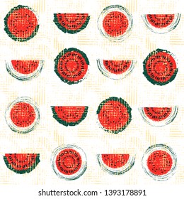 Red and green hand drawn vintage watermelon seamless pattern vector background with watermelon slices arranged in rows with distressed canvas texture. Great for fabric, paper, wallpaper.