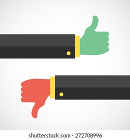 Red and green hands. Like and dislike concept. Creative graphic design elements. Vector illustration
