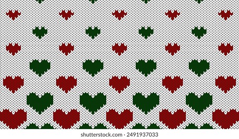 Red and green heart on white knitted pattern, Festive Sweater Design. Seamless Knitted Pattern, Christmas knitted patten.