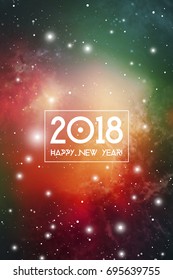 Red and Green Hipster New Year 2018 Greeting Card or Calendar Cover on Cosmic Background. Christmas Vector Design with Space Backdrop.