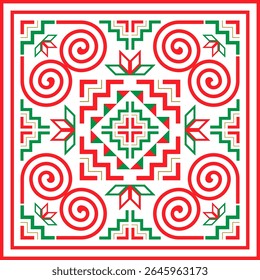 Padrões étnicos Hmong vermelhos e verdes, que são as cores originais, padrões espirais e padrões em forma de coração, tecidos impressos, papéis de parede, fundos