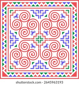 Red and green Hmong ethnic patterns, which are the original colors, spiral patterns and heart-shaped patterns, printed fabrics, wallpapers, backgrounds