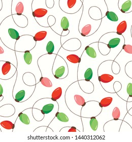 Red and Green Holiday Christmas and New Year Intertwined String Colorful Lights on White Background Vector Seamless Pattern. Winter Holiday Print