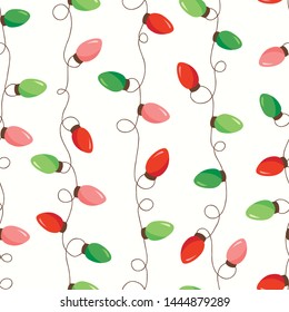 Red and Green Holiday Christmas and New Year Intertwined String Colorful Lights Forming Vertical Stripes on White Background Vector Seamless Pattern. Winter Festive Holiday Print