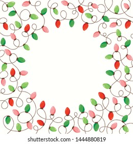Red and Green Holiday Christmas and New Year Intertwined String Lights on White Background Square Round Frame. Winter Festive Holiday Print for Greeting Cards and Banner
