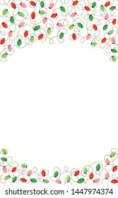 Red and Green Holiday Christmas and New Year Intertwined String Lights on White Background Top and Bottom Frame Elements. Winter Festive Holiday Print for Greeting Cards and Banner