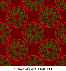 Red and green holiday seamless vector background, festive texture with Christmas wreaths, colorful Xmas pattern for cards, wrapping paper, advertisement, page fill, book covers etc.