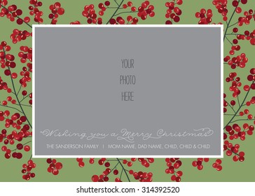 Red And Green Holly Berry Christmas/Holiday Photo Card Template - Vector