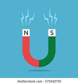 Red and green horseshoe shaped magnet with N and S letters and sparks on blue background. Magnetism, science, attraction and education concept. Flat design. Vector illustration. EPS 8, no transparency