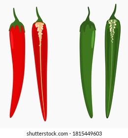 red and green hot chili pepper whole and split