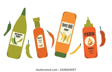 Red and green Hot Chili peppers. Various spicy dressings. Vector illustration. 