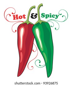 Red and green hot chili peppers with text and ornate swirls