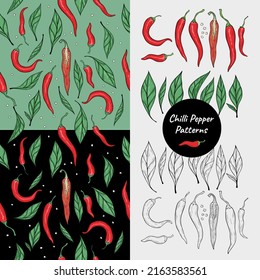 Pimientos de chile picante de color verde rojo sin fisuras Patrón de mano dibujado de cerca ingrediente orgánico picante